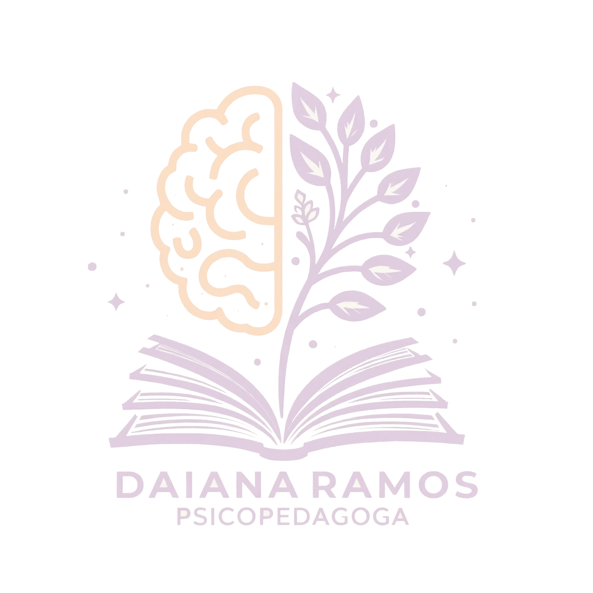 Logotipo Daiana Ramos Psicopedagoga: cérebro e planta saindo de um livro aberto